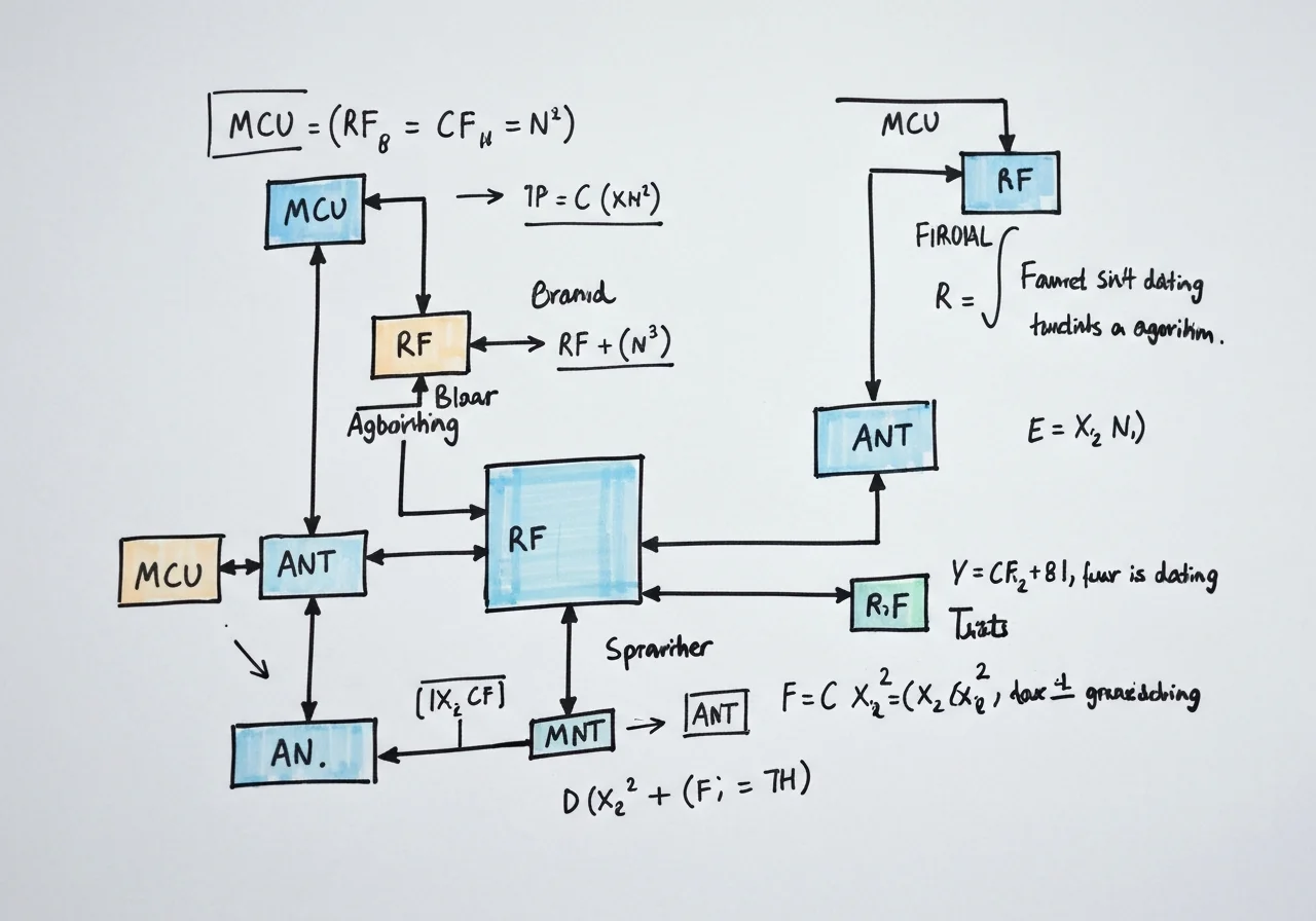 Whiteboard з абстрактними circuit-architecture sketches: MCU, RF, ANT блоки
